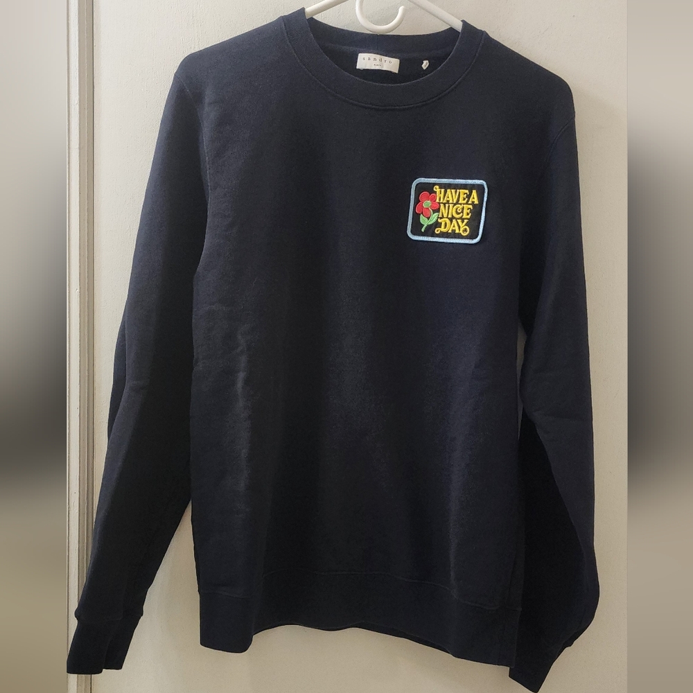 Sandro Paris avy Black Sweater with Patch, Size Small.